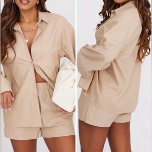 PrettyLittleThing Stone Woven Balloon Sleeve Oversized Shirt, Stone, Size 10 NWT